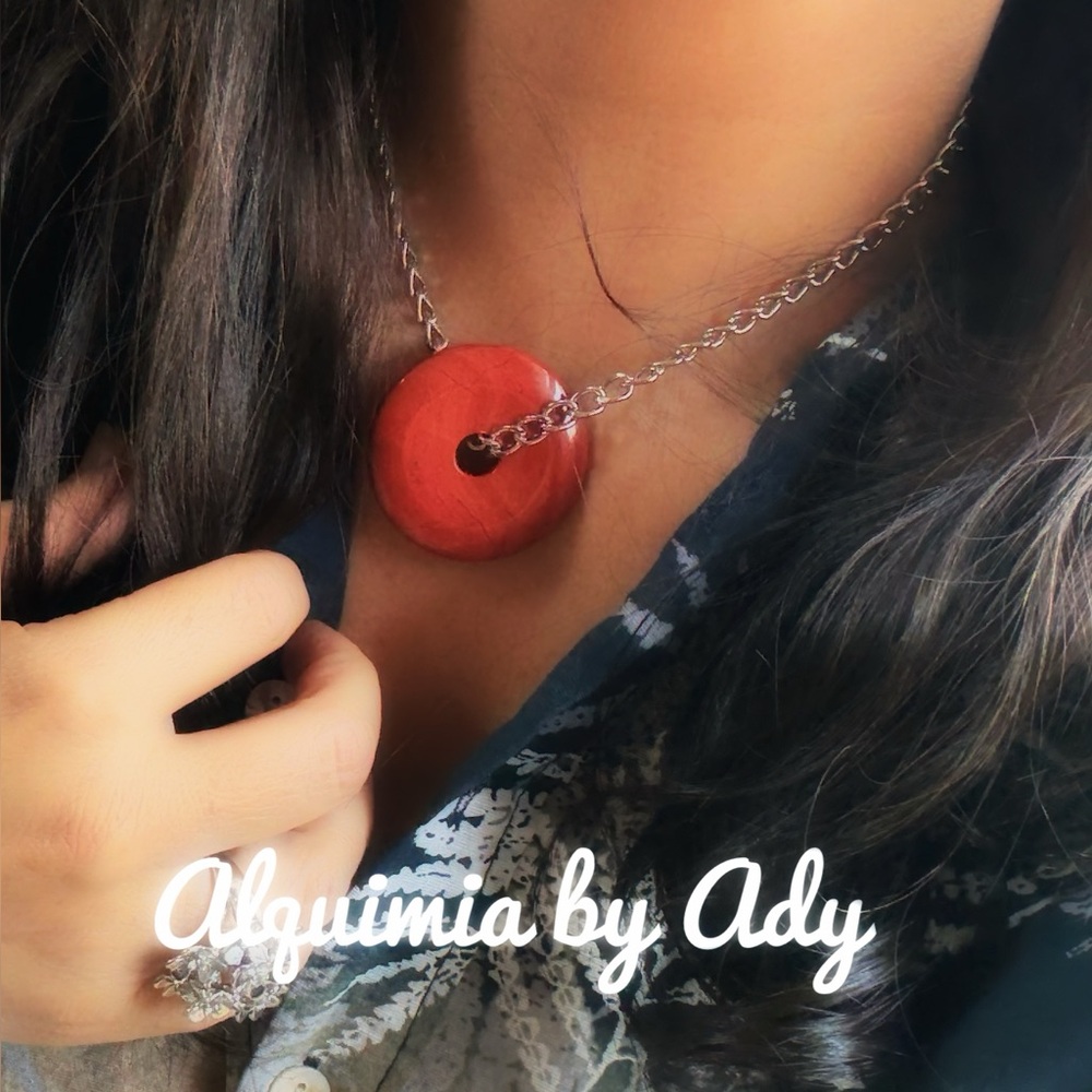 HUGE RED JASPER DISC CUBAN CHAIN SHORT STATEMENT SILVER NECKLACE - Picture 2 of 2